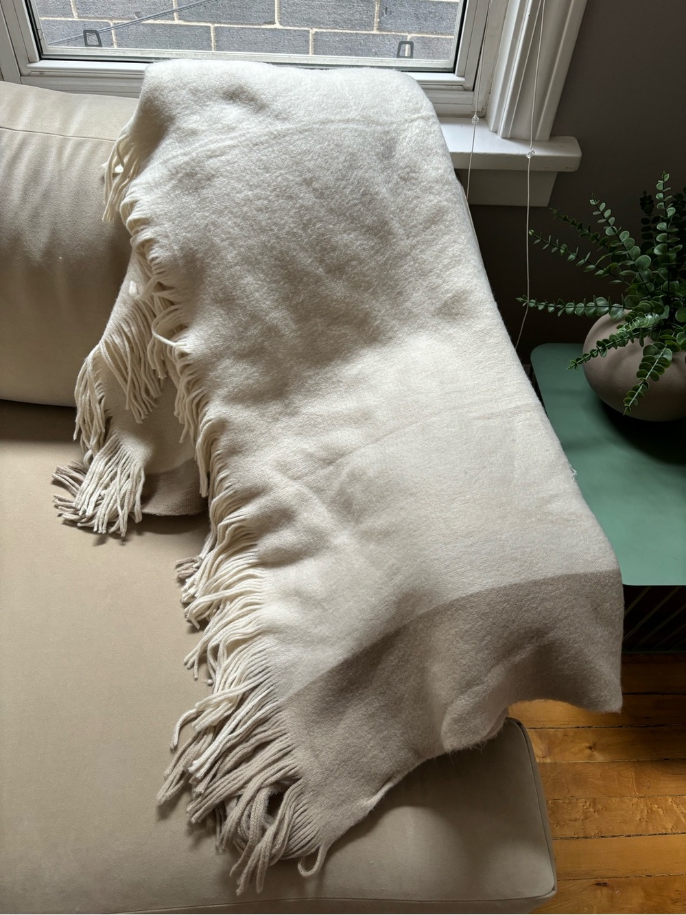 Crate&Barrel Cream Fringe Throw Blanket